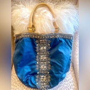 Anthropologie (Mrs. Albright) Blue and Gold Embellished Tote